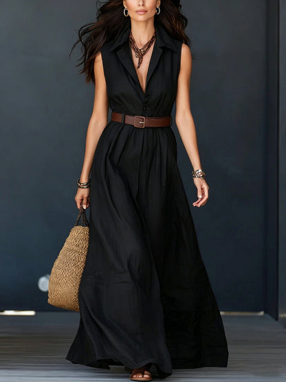 Trending Now⭐💃 Flowy A-Line Maxi Dress with Lapel Collar & Matching Belt