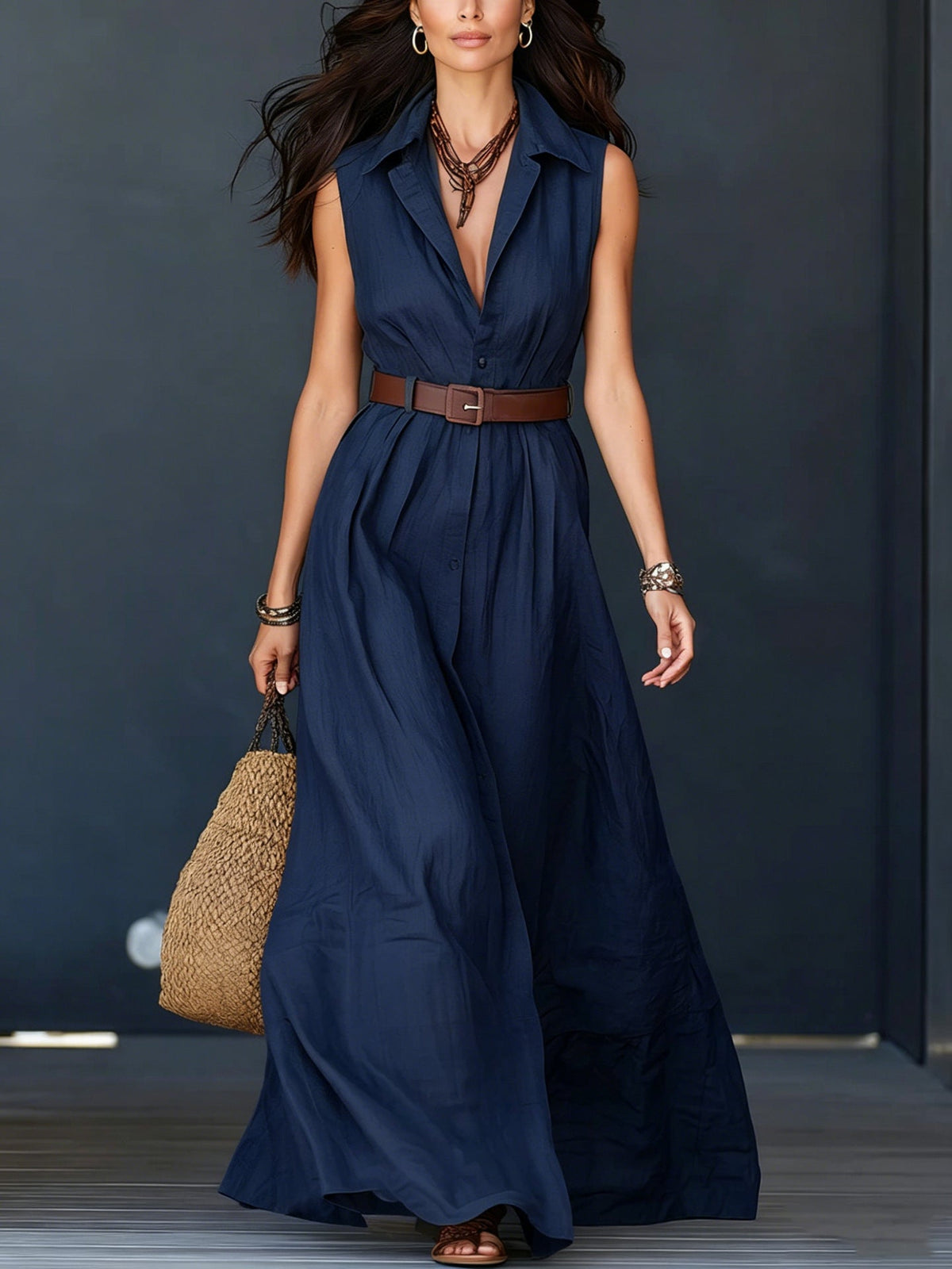 Trending Now⭐💃 Flowy A-Line Maxi Dress with Lapel Collar & Matching Belt