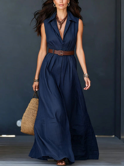 Trending Now⭐💃 Flowy A-Line Maxi Dress with Lapel Collar & Matching Belt