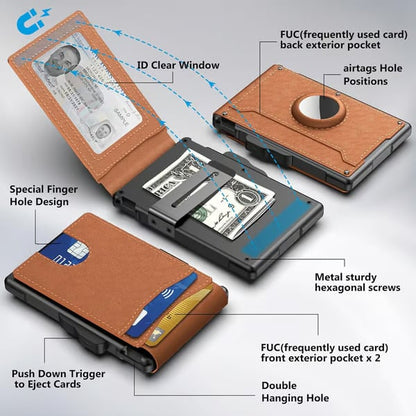 💼🔒Men's Slim RFID Blocking Aluminum Wallet – Pop-Up Card Holder with Money Clip & Dual ID Windows