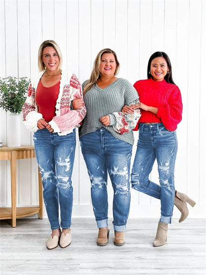 📢📢50%Rabatt!!!🎉✨Bauchweg-Jeans im Used-Look mit Bündchen