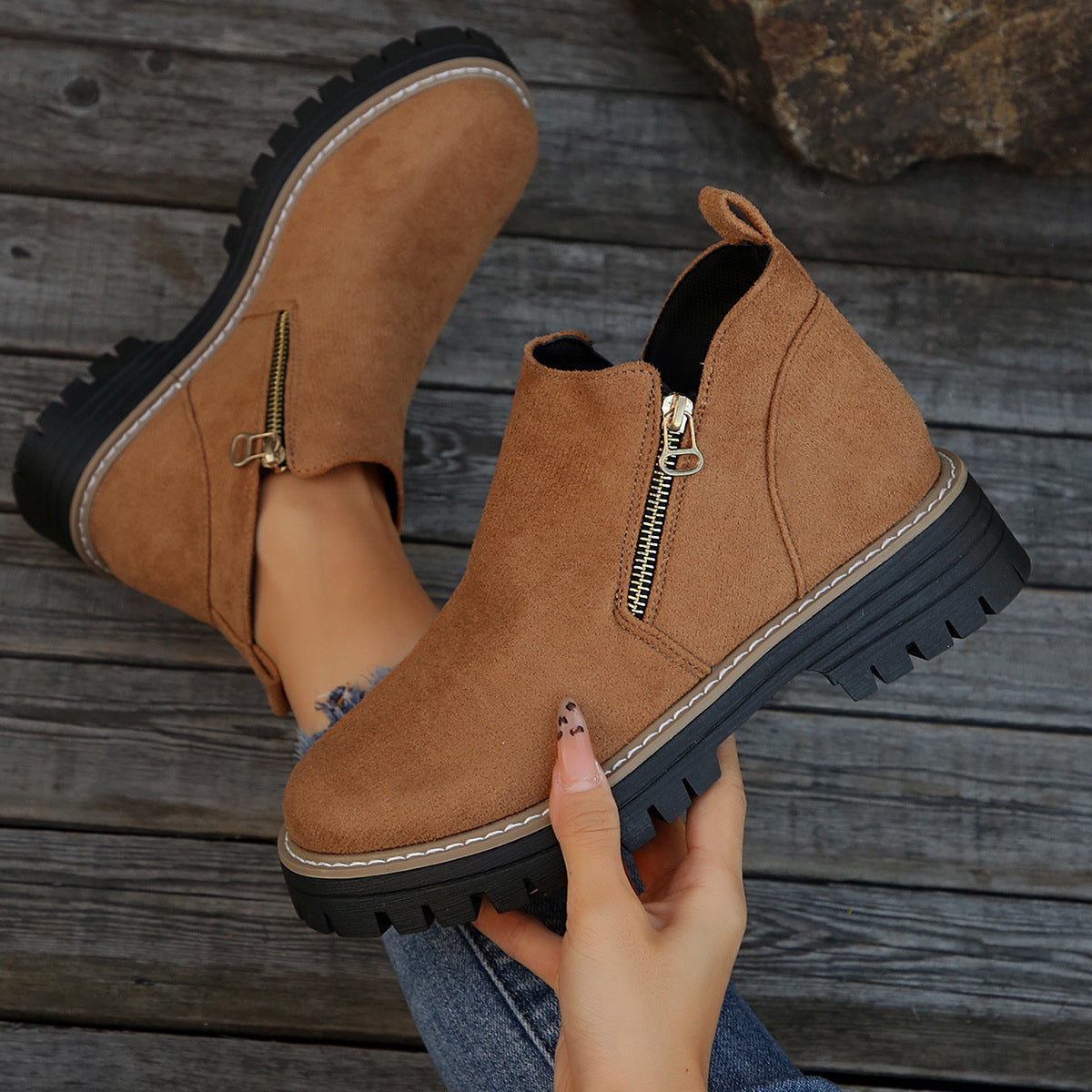 🥾 Damenschuhe trendig und komfortabel, runde Spitze mit Zip 🌟👢