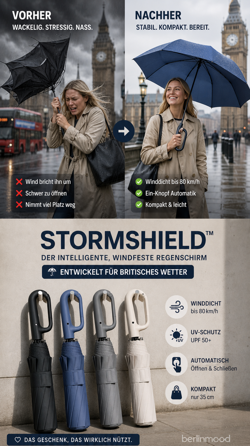 🔥Automatischer Faltregenschirm – Winddicht, wasserdicht & kompakt ☔ mit Schlaufenverschluss für den täglichen Gebrauch 🌬️💧