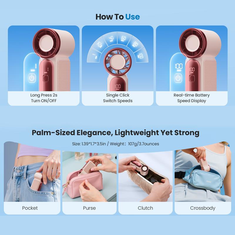 ❄️🧊Mini-Handventilator mit LED-Anzeige👍5-stufiger Turbo-Ventilator im Taschenformat🍃✨Über USB aufladbar, schnelle Kühlung für Reisen und beim Schminken