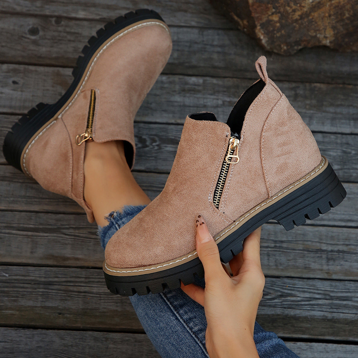🥾 Damenschuhe trendig und komfortabel, runde Spitze mit Zip 🌟👢