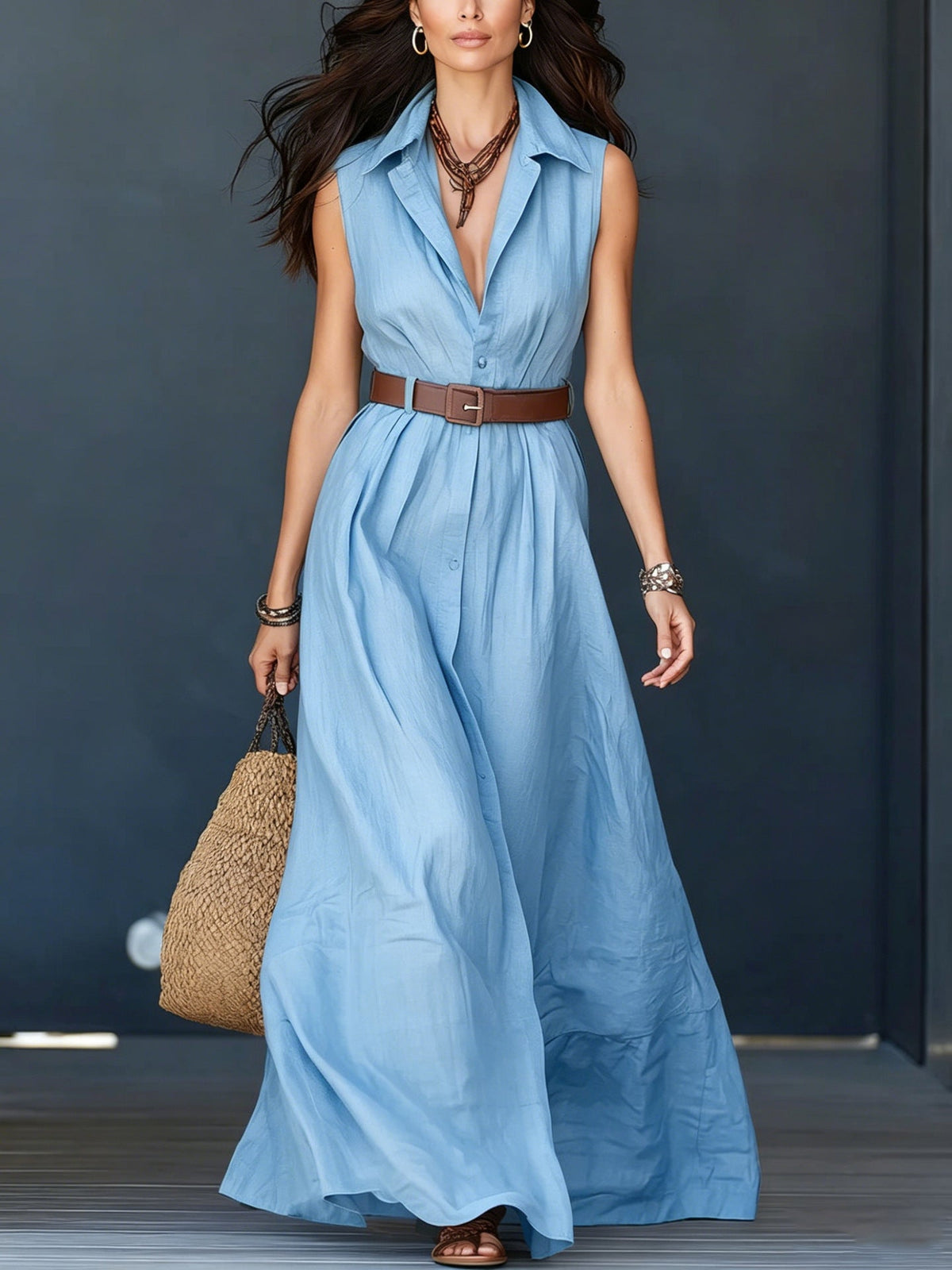Trending Now⭐💃 Flowy A-Line Maxi Dress with Lapel Collar & Matching Belt