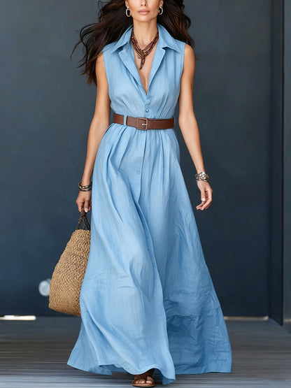 Trending Now⭐💃 Flowy A-Line Maxi Dress with Lapel Collar & Matching Belt