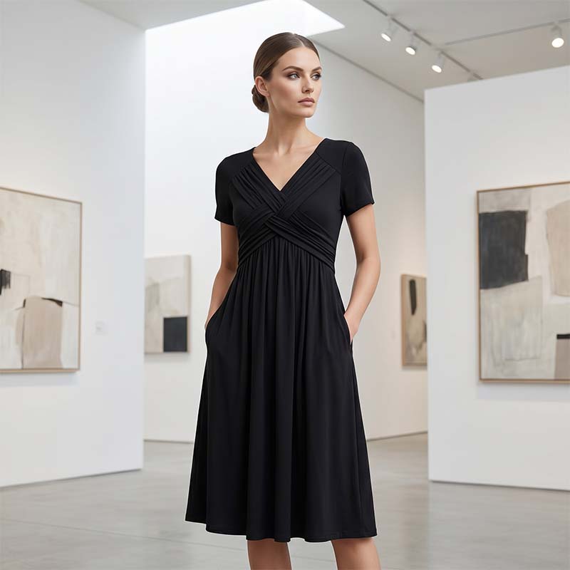✨ Kleid mit V-Ausschnitt & Cross-Front Design – leichter, fließender Stoff mit Falten – figurschmeichelnd & knitterarm