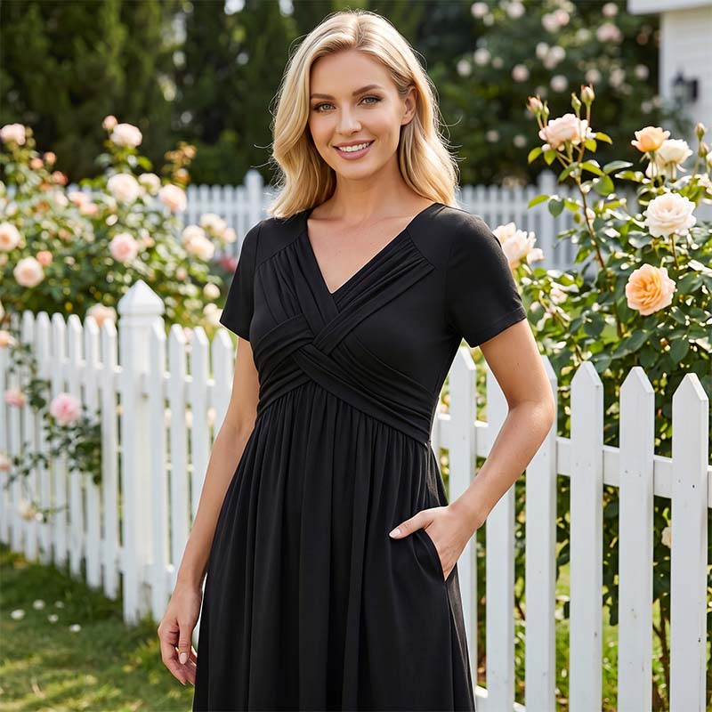 ✨ Kleid mit V-Ausschnitt & Cross-Front Design – leichter, fließender Stoff mit Falten – figurschmeichelnd & knitterarm