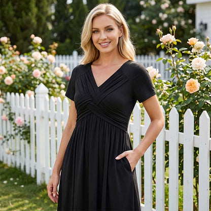 ✨ Kleid mit V-Ausschnitt & Cross-Front Design – leichter, fließender Stoff mit Falten – figurschmeichelnd & knitterarm