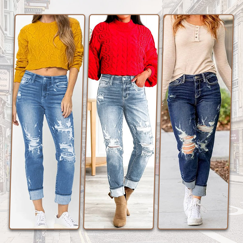 📢📢50%Rabatt!!!🎉✨Bauchweg-Jeans im Used-Look mit Bündchen