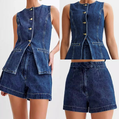 👖 Damen Denim Zweiteiler-Set ✨ Figurformendes Jeansweste & Shorts Set im Clean-Schnitt