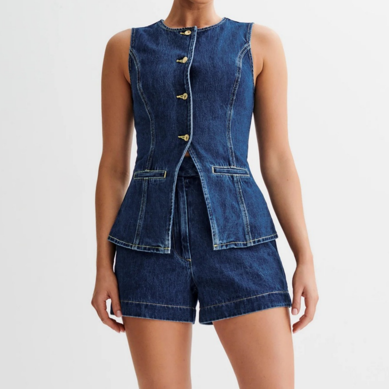 👖 Damen Denim Zweiteiler-Set ✨ Figurformendes Jeansweste & Shorts Set im Clean-Schnitt