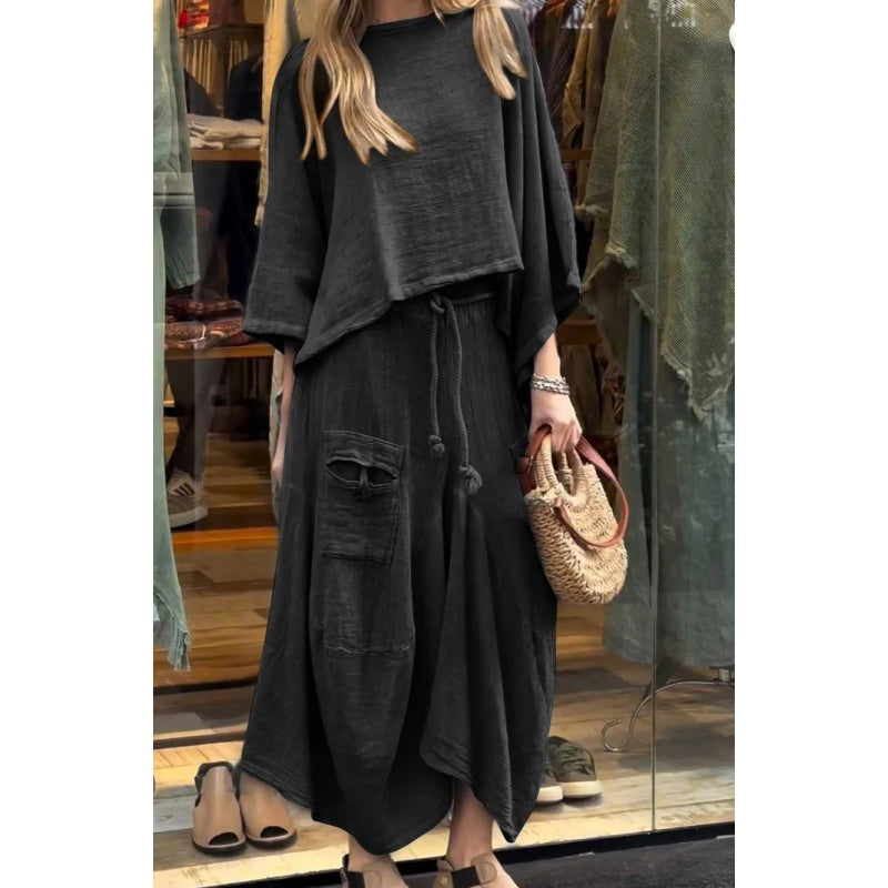 Lässiger 2-teiliger Anzug aus Oberteil mit Rundhalsausschnitt und locker sitzendem Rock für Damen