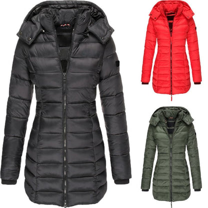 📢📢50% Rabatt + KOSTENLOSER VERSAND!!! 🎉✨ Mittellange wattierte Winterjacke für Damen – einfarbig & warme Kapuze