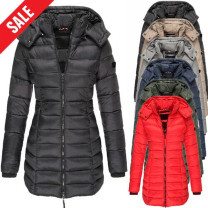 📢📢50% Rabatt + KOSTENLOSER VERSAND!!! 🎉✨ Mittellange wattierte Winterjacke für Damen – einfarbig & warme Kapuze
