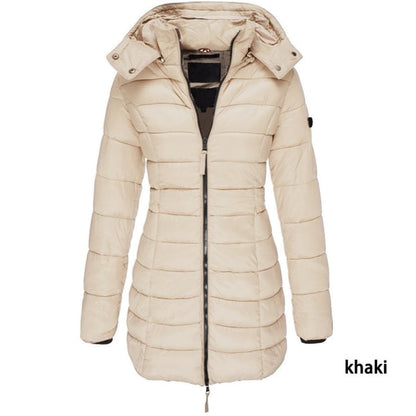 📢📢50% Rabatt + KOSTENLOSER VERSAND!!! 🎉✨ Mittellange wattierte Winterjacke für Damen – einfarbig & warme Kapuze