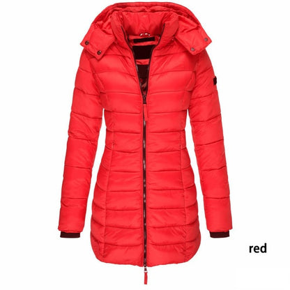 📢📢50% Rabatt + KOSTENLOSER VERSAND!!! 🎉✨ Mittellange wattierte Winterjacke für Damen – einfarbig & warme Kapuze