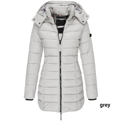 📢📢50% Rabatt + KOSTENLOSER VERSAND!!! 🎉✨ Mittellange wattierte Winterjacke für Damen – einfarbig & warme Kapuze