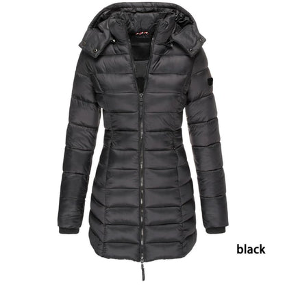 📢📢50% Rabatt + KOSTENLOSER VERSAND!!! 🎉✨ Mittellange wattierte Winterjacke für Damen – einfarbig & warme Kapuze