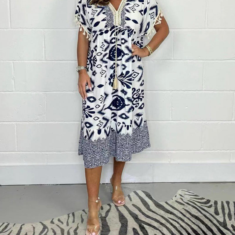 ✨Hot Sale 49% Off🌸Bedrucktes Freizeitkleid mit V-Ausschnitt und Fransen an den kurzen Ärmeln