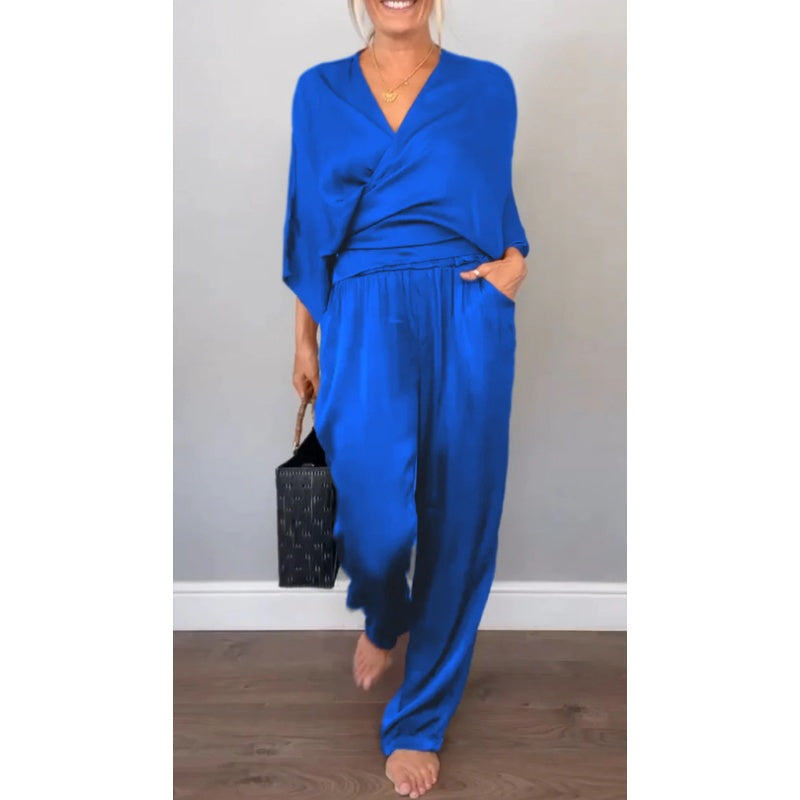 💃2-teiliges Damen-Set aus Oberteil und Hose mit V-Ausschnitt und merzerisierter Baumwolle