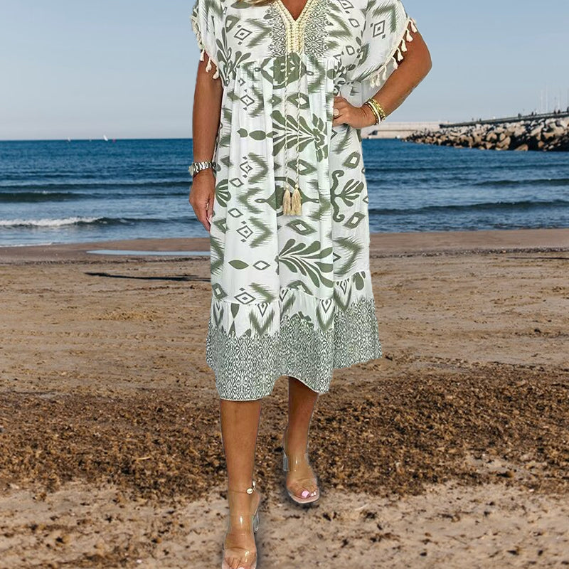 ✨Hot Sale 49% Off🌸Bedrucktes Freizeitkleid mit V-Ausschnitt und Fransen an den kurzen Ärmeln