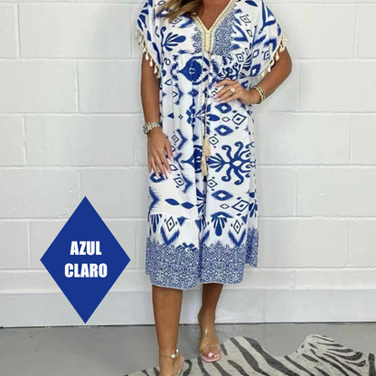 ✨Hot Sale 49% Off🌸Bedrucktes Freizeitkleid mit V-Ausschnitt und Fransen an den kurzen Ärmeln