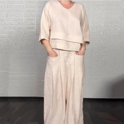 💥Sichern Sie sich heute 58% Rabatt!💃🌺Irregular Hem Cotton Linen Short Sleeve Casual 2-Piece Set