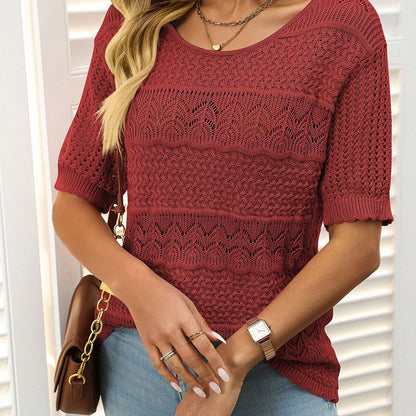 👚 Damen Kurzarm-Rundhalspullover mit Lochstrick & Häkeloptik – atmungsaktiv & modisch