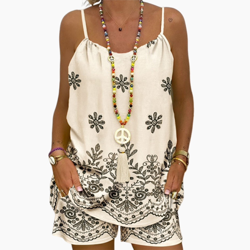 🌟Zeitlich begrenztes Sonderangebot 🌈 Damen-Set bestehend aus einem bedruckten Top mit schmalen Trägern und einer Shorts