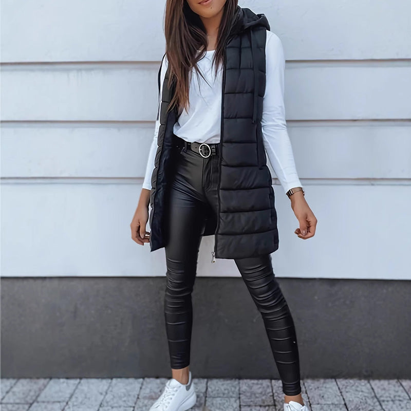 ⏰50 % RABATT🔥Lange Daunenweste für Damen 👗 | Einfarbig | Ärmellos | Mit Kapuze | Winterkleidung 💕