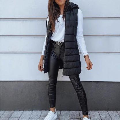 ⏰50 % RABATT🔥Lange Daunenweste für Damen 👗 | Einfarbig | Ärmellos | Mit Kapuze | Winterkleidung 💕