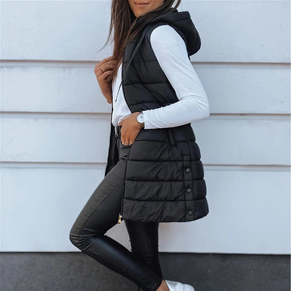 ⏰50 % RABATT🔥Lange Daunenweste für Damen 👗 | Einfarbig | Ärmellos | Mit Kapuze | Winterkleidung 💕