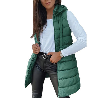 ⏰50 % RABATT🔥Lange Daunenweste für Damen 👗 | Einfarbig | Ärmellos | Mit Kapuze | Winterkleidung 💕