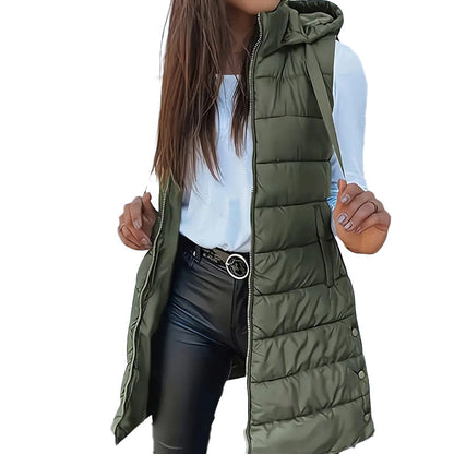 ⏰50 % RABATT🔥Lange Daunenweste für Damen 👗 | Einfarbig | Ärmellos | Mit Kapuze | Winterkleidung 💕