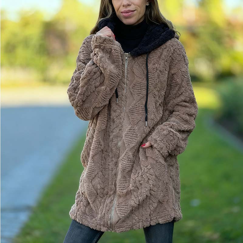 📢📢50% Rabatt!!! 🎉✨ Kuschelig warmer Jacquard-Mantel mit Kapuze & Reißverschluss