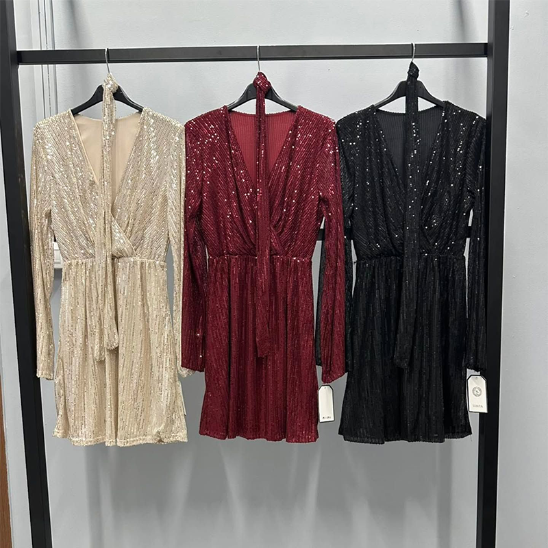 🔥Zeitlich begrenztes Angebot – Glitzerndes Damenkleid mit V-Ausschnitt, langen Ärmeln und Taillengürtel