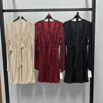 🔥Zeitlich begrenztes Angebot – Glitzerndes Damenkleid mit V-Ausschnitt, langen Ärmeln und Taillengürtel