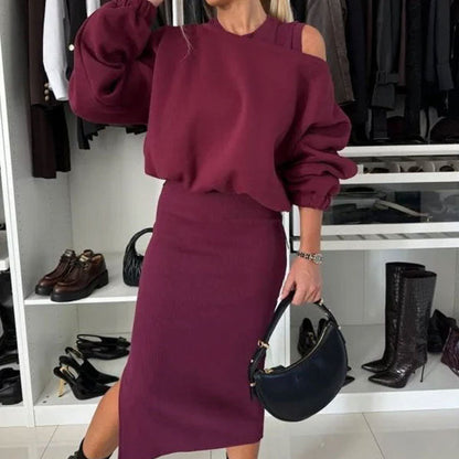 ✨ LETZTER TAG VERKAUF 50% RABATT ✨Damen-Set mit Sweatshirt mit schrägen Schultern und ärmellosem Kleid
