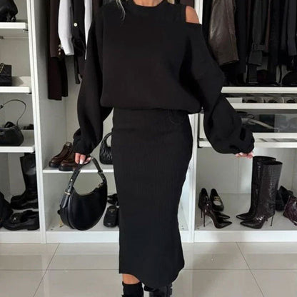 ✨ LETZTER TAG VERKAUF 50% RABATT ✨Damen-Set mit Sweatshirt mit schrägen Schultern und ärmellosem Kleid