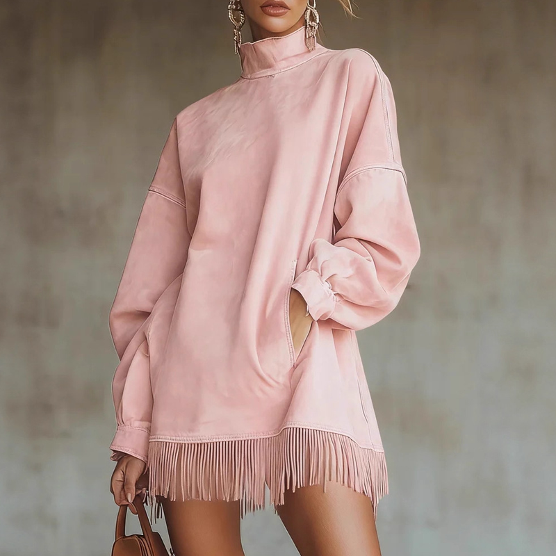 💖 Black Friday 50% Rabatt für eine begrenzte Zeit 🔥Lässiges Rollkragenkleid mit Tasche und Fransenbesatz