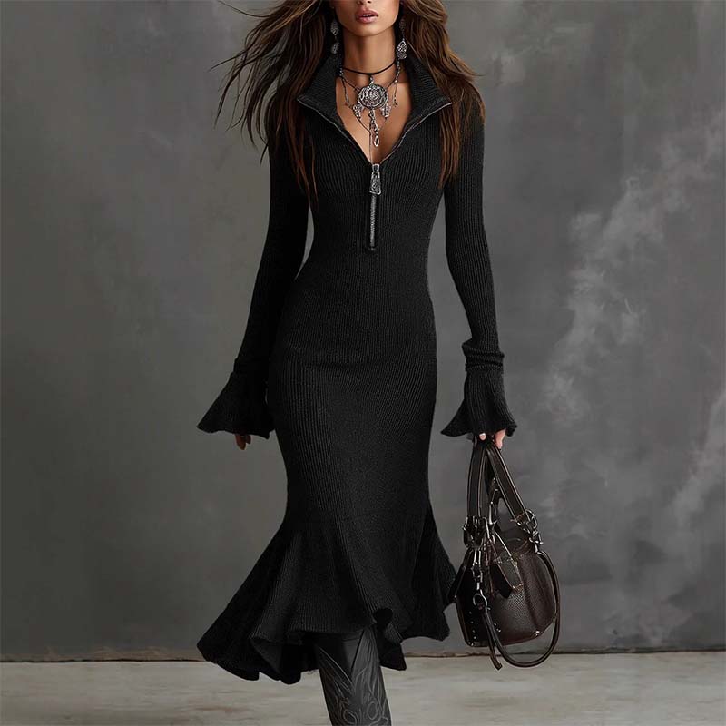 👗✨ Strickkleid mit Reißverschluss & Spitzenausschnitt ✨💃 Schmeichelhafte Silhouette & eleganter Fischschwanz für charmante Auftritte im Alltag!