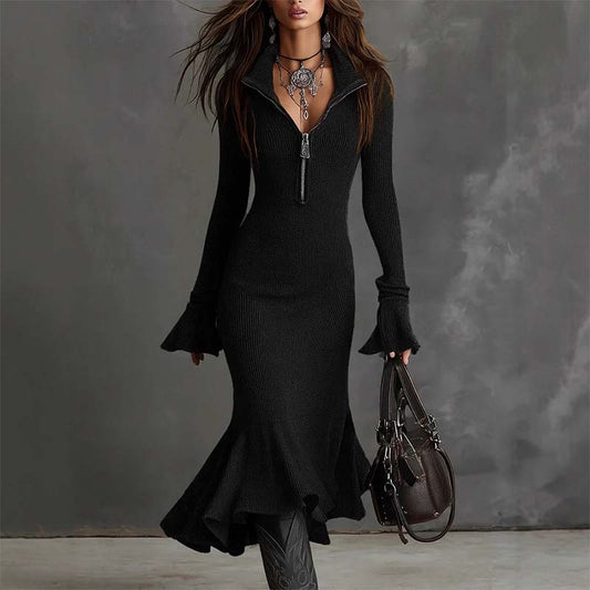 👗✨ Strickkleid mit Reißverschluss & Spitzenausschnitt ✨💃 Schmeichelhafte Silhouette & eleganter Fischschwanz für charmante Auftritte im Alltag!
