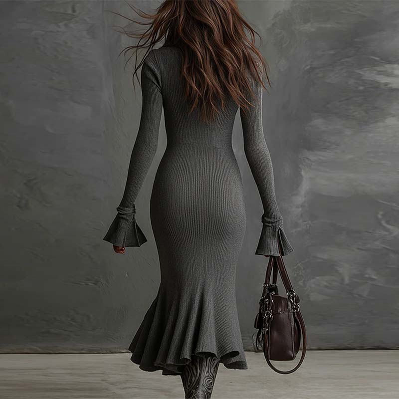 👗✨ Strickkleid mit Reißverschluss & Spitzenausschnitt ✨💃 Schmeichelhafte Silhouette & eleganter Fischschwanz für charmante Auftritte im Alltag!