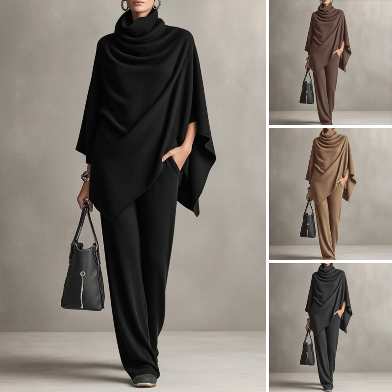 📢📢50%Rabatt!!!🎉✨Damen-Set: Cape-Oberteil mit Wasserfallkragen & Hose mit weitem Bein