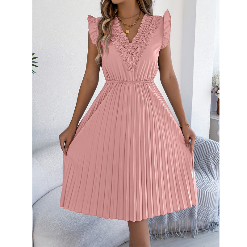 🎁 2026 Neuheit – 50 % Rabatt! 👗🌸 Spitzenkleid mit V-Ausschnitt, Rüschen und tailliertem Schnitt ✨