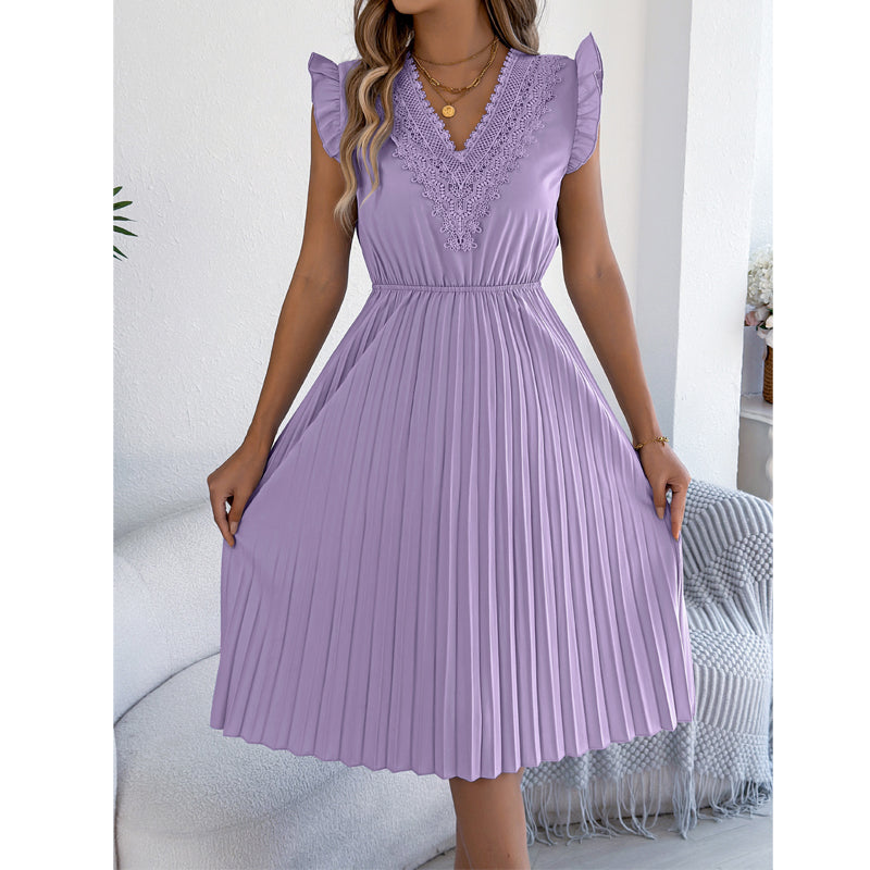 🎁 2026 Neuheit – 50 % Rabatt! 👗🌸 Spitzenkleid mit V-Ausschnitt, Rüschen und tailliertem Schnitt ✨