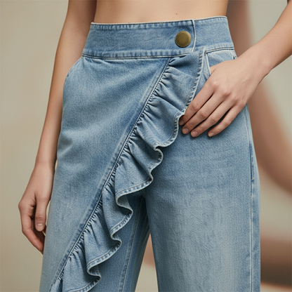 👖 50% RABATT! 🔥 Weite Jeanshose mit asymmetrischen Volants – Premium-Denim – luxuriöser Look, bequemer Stretch & perfekt für einen stilvollen Auftritt