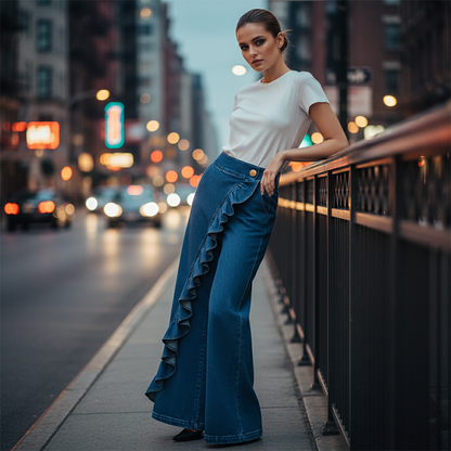 👖 50% RABATT! 🔥 Weite Jeanshose mit asymmetrischen Volants – Premium-Denim – luxuriöser Look, bequemer Stretch & perfekt für einen stilvollen Auftritt